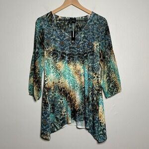 New Directions Womens Shirt‎ Medium Blue Multicolor Animal Print Jewels Festival
